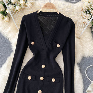 Women Knitted Pencil Dress Korean Long Sleeve V Neck Elastic Slim Dress ALODIA STORE