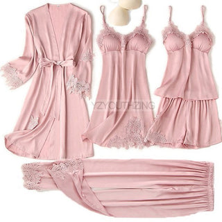 5PCS Robe Suit Satin Women Nightwear Lace Kimono Gown Bridal Wedding Bathrobe Set Sexy Pajamas V-Neck Sleepwear Lounge Lingerie ALODIA STORE