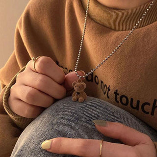 Cute Plush Bear Pendant Necklace for Girls Women Korean Fashion Bear Long Sweater Neck Chain Necklaces Collar Jewelry ALODIA STORE