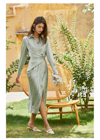 AEL lace up satin robe dress casual loose ladies Single breasted long shirt dress ALODIA STORE