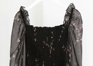 Sexy Black Dress Vintage Flower Long Puff Sleeve Chiffon Dresses ALODIA STORE