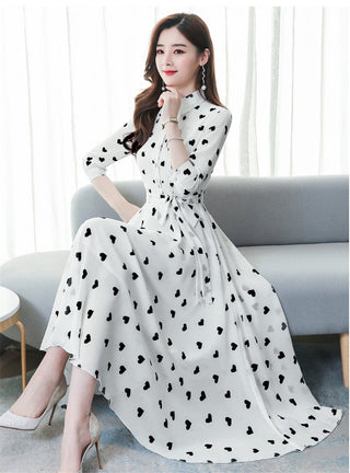 2023 Korean summer new stand-up collar seven-point sleeves temperament chiffon floral big swing dress women ALODIA STORE