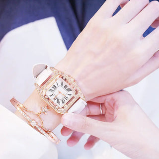 Women Diamond Watch Starry Square Dial Bracelet Watches Set Ladies Leather Band Quartz Wristwatch Female Clock Zegarek Damski ALODIA STORE