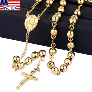 Davieslee Womens Men's Necklace Stainless Steel Chain Bead Rosary Long Necklace Jesus Christ Cross Prayer Jewelry DLKN434 ALODIA STORE