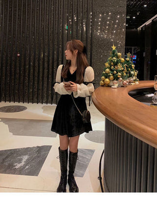 Vintage Mini Dress Lolita Women 2023 Autumn Lace Bow Velvet Evening Party Dress Female Y2k Casual Kawaii One Piece Dress Korean ALODIA STORE