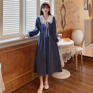 Vintage Dress Women Sweet Lace Peter Pan Collar French Elegant Long Sleeve Lace-Up Fairy One Piece Dress Korean 2021 Autumn Chic ALODIA STORE