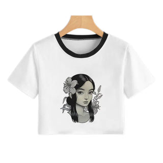 Summer Fashion Harajuku Sexy Tank Crop Top White Femme Clothes Women Cute Flower Season Girl Printed Croptop Short Sleeve ALODIA STORE