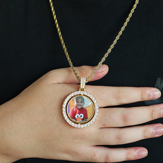 D&amp;Z Custom Made Photo Rotating double-sided Medallions Pendant Micro Paved CZ Round Pendant Collier For Men Women Accessories ALODIA STORE