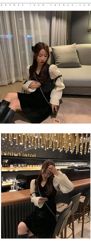 Vintage Mini Dress Lolita Women 2023 Autumn Lace Bow Velvet Evening Party Dress Female Y2k Casual Kawaii One Piece Dress Korean ALODIA STORE