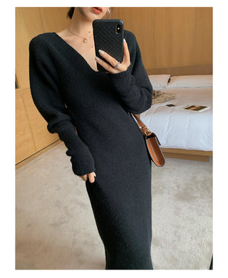 Elegant Long White Knitting Dress Women Winter V-Neck Long ALODIA STORE