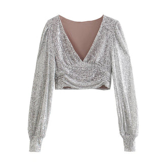 Elegant Women Sequined Tops 2021 Spring Fashion Ladies Vintage Silver Top Party Female Sexy V-Neck Tops Femme Girls Chic Clothes ALODIA STORE