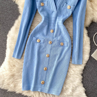 Women Knitted Pencil Dress Korean Long Sleeve V Neck Elastic Slim Dress ALODIA STORE