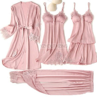 5PCS Robe Suit Satin Women Nightwear Lace Kimono Gown Bridal Wedding Bathrobe Set Sexy Pajamas V-Neck Sleepwear Lounge Lingerie ALODIA STORE