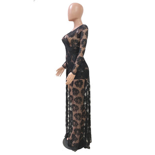 Adogirl Embroidery Floral Lace Dress Women Sexy See Through Long Sleeve Bodycon Women Dress Vintage Club Wear Party Dress Robe ALODIA STORE