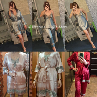 4PCS Satin Sleepwear Lady Pajamas Suit Nighty&amp;Robe Set Sexy Intimate Lingerie Casual Bridal Wedding Gift Homewear Nightgown ALODIA STORE
