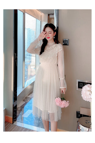 2022 Brand New Women Romantic Tulle Dress Stand Collar Beading Tassels Ruffles Long Sleeve Mesh Dress Cute Mid Dress Vestidos ALODIA STORE