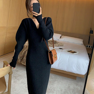 Elegant Long White Knitting Dress Women Winter V-Neck Long ALODIA STORE