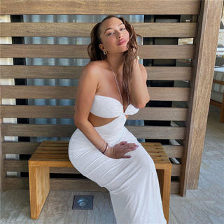 Cryptographic 2023 Summer Spaghetti Strap Halter Sexy Backless Maxi Dress Elegant Bandage Sleeveless Club Party Dresses Bodycon ALODIA STORE