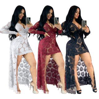 Adogirl Embroidery Floral Lace Dress Women Sexy See Through Long Sleeve Bodycon Women Dress Vintage Club Wear Party Dress Robe ALODIA STORE
