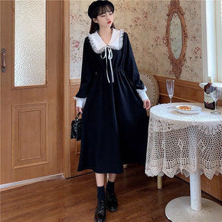 Vintage Dress Women Sweet Lace Peter Pan Collar French Elegant Long Sleeve Lace-Up Fairy One Piece Dress Korean 2021 Autumn Chic ALODIA STORE