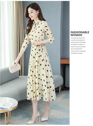 2023 Korean summer new stand-up collar seven-point sleeves temperament chiffon floral big swing dress women ALODIA STORE