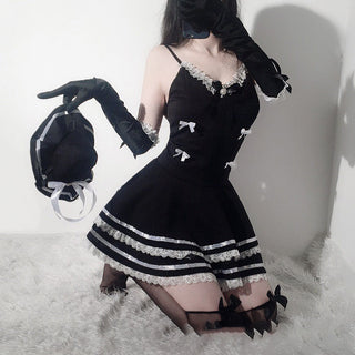 Woman Sexy Lingerie Maid Cosplay Costumes Cute Black Dress and Thong Anime School Girl Gothic Outfit with Hat and Glove ALODIA STORE