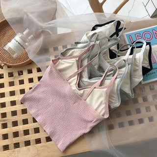 Women Camisole Fashion Wild Solid Color Sling Tank Top Summer New Button V-neck Cotton Vest With Removable Chest Pad ALODIA STORE