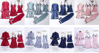 4PCS Satin Sleepwear Lady Pajamas Suit Nighty&amp;Robe Set Sexy Intimate Lingerie Casual Bridal Wedding Gift Homewear Nightgown ALODIA STORE