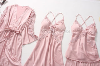 5PCS Robe Suit Satin Women Nightwear Lace Kimono Gown Bridal Wedding Bathrobe Set Sexy Pajamas V-Neck Sleepwear Lounge Lingerie ALODIA STORE