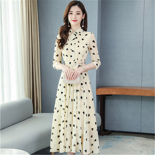 2023 Korean summer new stand-up collar seven-point sleeves temperament chiffon floral big swing dress women ALODIA STORE