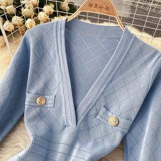 Women Knitted Pencil Dress Korean Long Sleeve V Neck Elastic Slim Dress ALODIA STORE
