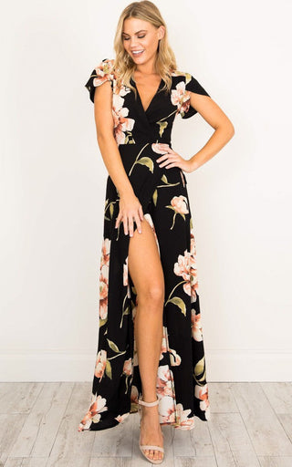 2023 Summer Short Sleeved Long Dress V-neck Split Print Fashion Retro Tiktok Consignment Rayon Robe for Women Party Wedding ALODIA STORE