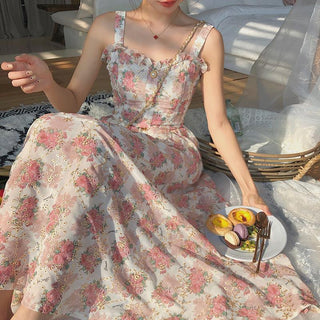 Spaghetti Strap Women French Elegant Vintage Floral Dress sweat ALODIA STORE