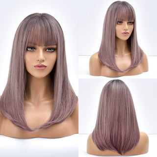 Blonde Ombre Long Straight Gold Synthetic Wig With Bangs For Black White Women Heat Resistant Fiber Daily Hair Cosplay Wigs ALODIA STORE