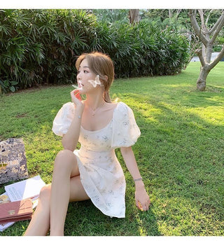 Summer Elegant Puff Sleeve French Floral Print Mini Dress Japan Style Kawaii Dress Women 2023 ALODIA STORE