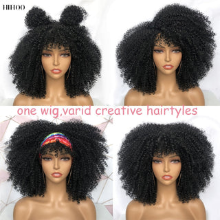 Short Afro Kinky Curly Wig With Bangs For Black Women Cosplay Lolita Natural Hair Ombre Mixed Brown Synthetic African Wigs ALODIA STORE