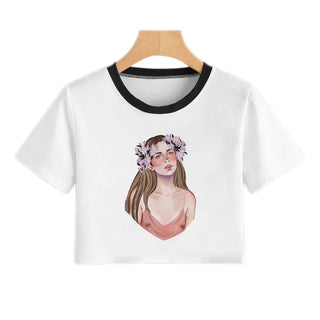 Summer Fashion Harajuku Sexy Tank Crop Top White Femme Clothes Women Cute Flower Season Girl Printed Croptop Short Sleeve ALODIA STORE