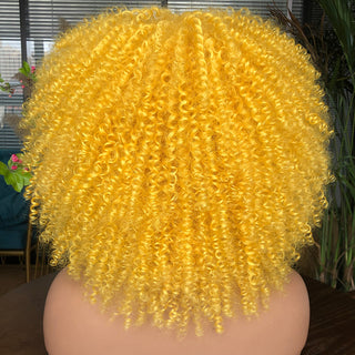 Short Afro Kinky Curly Wig With Bangs For Black Women Cosplay Lolita Natural Hair Ombre Mixed Brown Synthetic African Wigs ALODIA STORE