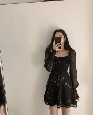 Sexy Black Dress Vintage Flower Long Puff Sleeve Chiffon Dresses ALODIA STORE