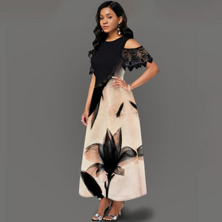Fashion Vintage Long Dress Women Sexy Lace Short Sleeve Off-shoulder O-neck Party Dress 2021 Summer Floral Printed Elegant Dress ALODIA STORE