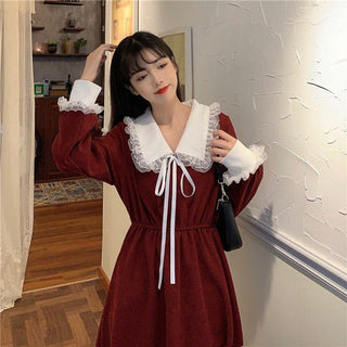 Vintage Dress Women Sweet Lace Peter Pan Collar French Elegant Long Sleeve Lace-Up Fairy One Piece Dress Korean 2021 Autumn Chic ALODIA STORE