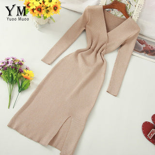 YuooMuoo Ins Fashion Shining V Neck Knitted Dress Women ALODIA STORE