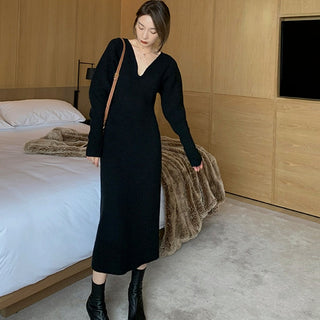 Elegant Long White Knitting Dress Women Winter V-Neck Long ALODIA STORE