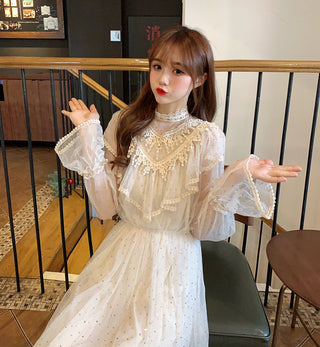 2022 Brand New Women Romantic Tulle Dress Stand Collar Beading Tassels Ruffles Long Sleeve Mesh Dress Cute Mid Dress Vestidos ALODIA STORE