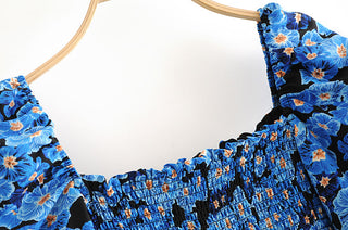 Vintage Blue Floral Print Dress Women Lantern Sleeve Square Neck A-line Dress Modern Female Holiday Summer Mini Chiffon Dress ALODIA STORE