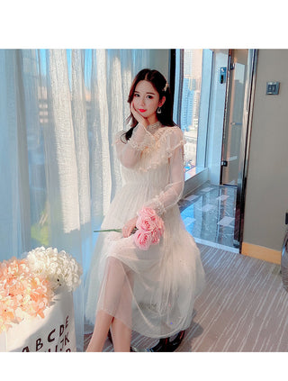 2022 Brand New Women Romantic Tulle Dress Stand Collar Beading Tassels Ruffles Long Sleeve Mesh Dress Cute Mid Dress Vestidos ALODIA STORE