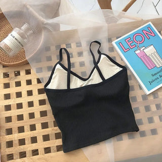 Women Camisole Fashion Wild Solid Color Sling Tank Top Summer New Button V-neck Cotton Vest With Removable Chest Pad ALODIA STORE