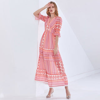 TWOTWINSTYLE Print Vintage Spring Dress For Women V Neck Half Sleeve High Waist Elegant Maxi Dresses Female Fashion New Clothes ALODIA STORE