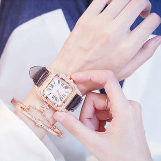 Women Diamond Watch Starry Square Dial Bracelet Watches Set Ladies Leather Band Quartz Wristwatch Female Clock Zegarek Damski ALODIA STORE