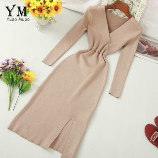 YuooMuoo Ins Fashion Shining V Neck Knitted Dress Women ALODIA STORE